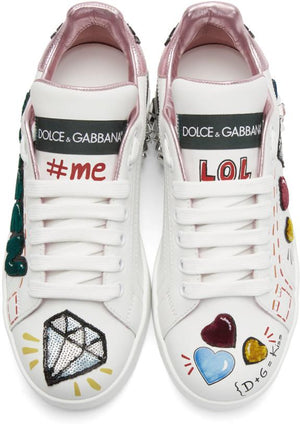 Dolce & Gabbana Velvet Queen Portofino Sneakers 'White & Pink'