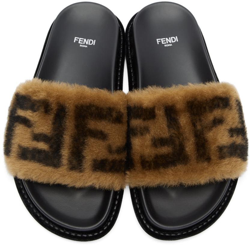 Fendi Shearling 'Forever Fendi' Slides 'Black & Beige'