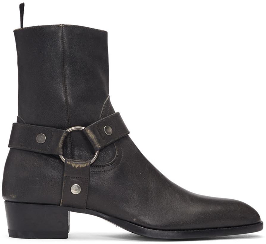 Saint Laurent Stone-Washed Wyatt Harness Boots 'Grey'